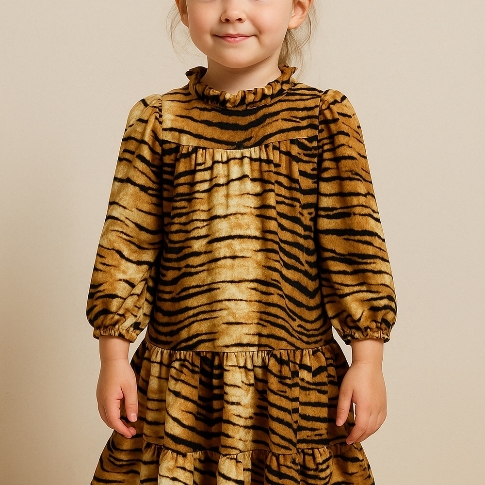 M8) SHEIN Girls Tiger Print Ruffle Long Sleeve Dress – Size 5T